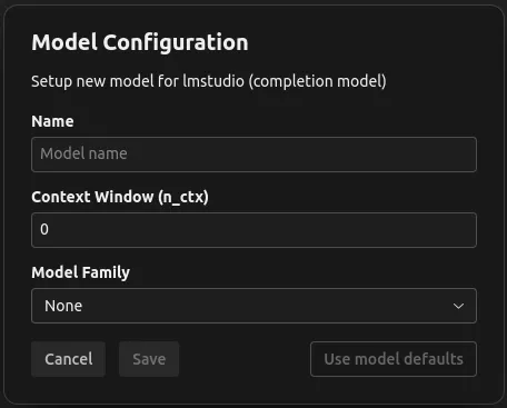 Completion Model Configuration Dialog